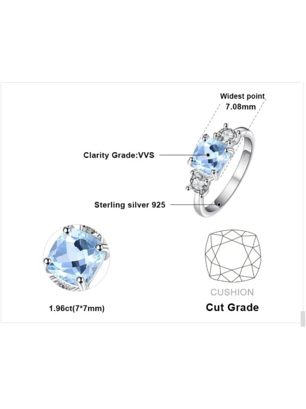Cushion Cut 2.6ct Blue Topaz 3-Stone Ring, 14K Gold Plated Sterling Silver